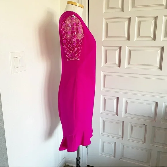 NWT Theia Hot Pink Cocktail Midi Dress Floral Embellished Beaded